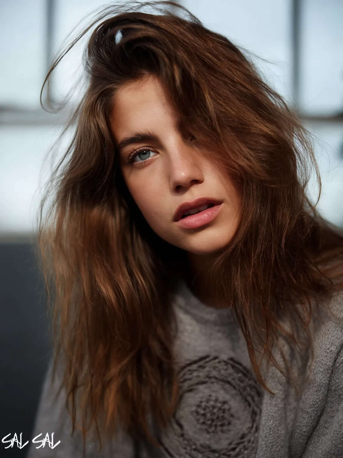 Textured Warm Chestnut Brown Layers with Side-Swept Bangs